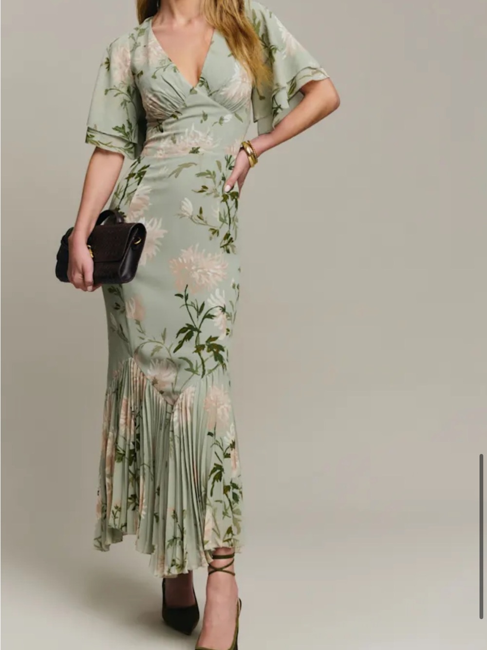Reformation Sage Green Floral Wrap Maxi Dress